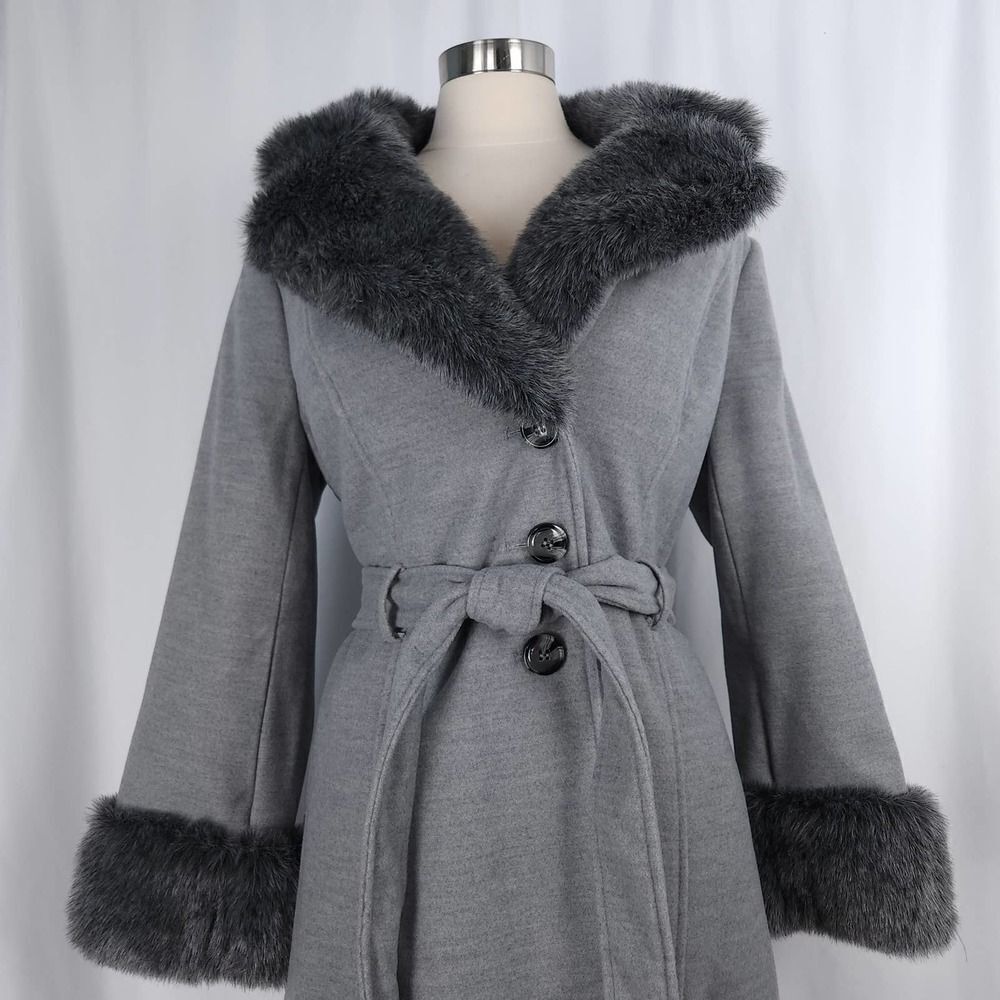 Lane Bryant Grey Full Length Trench Coat with Faux Fur Trim Size 10/12 - Picture 5 of 12